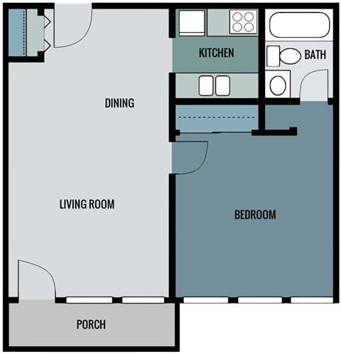 Floor plan for 1 bed, 1 bath, 650 sqft